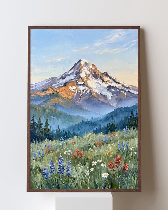 Mount Hood Wildflower Impressionist Art Print, Cascade Mountain Wall Art, Pacific Northwest Nature Decor, PNW Spring Flowers