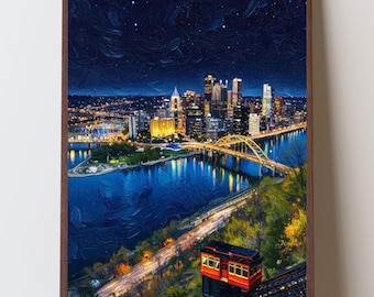Pittsburgh Skyline Night Print, Duquesne Incline View Wall Art, Three Rivers Cityscape, PGH Pennsylvania Home Decor, Pitt Grad Gift