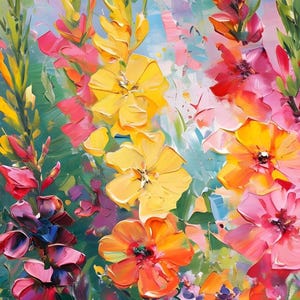 Pu&ograve; includere: Un dipinto impressionista di fiori colorati. L'opera presenta fiori vibranti in tonalit&agrave; di giallo, arancione, rosa e rosso, su uno sfondo di fogliame verde e cielo azzurro. Le pennellate sono spesse e strutturate.