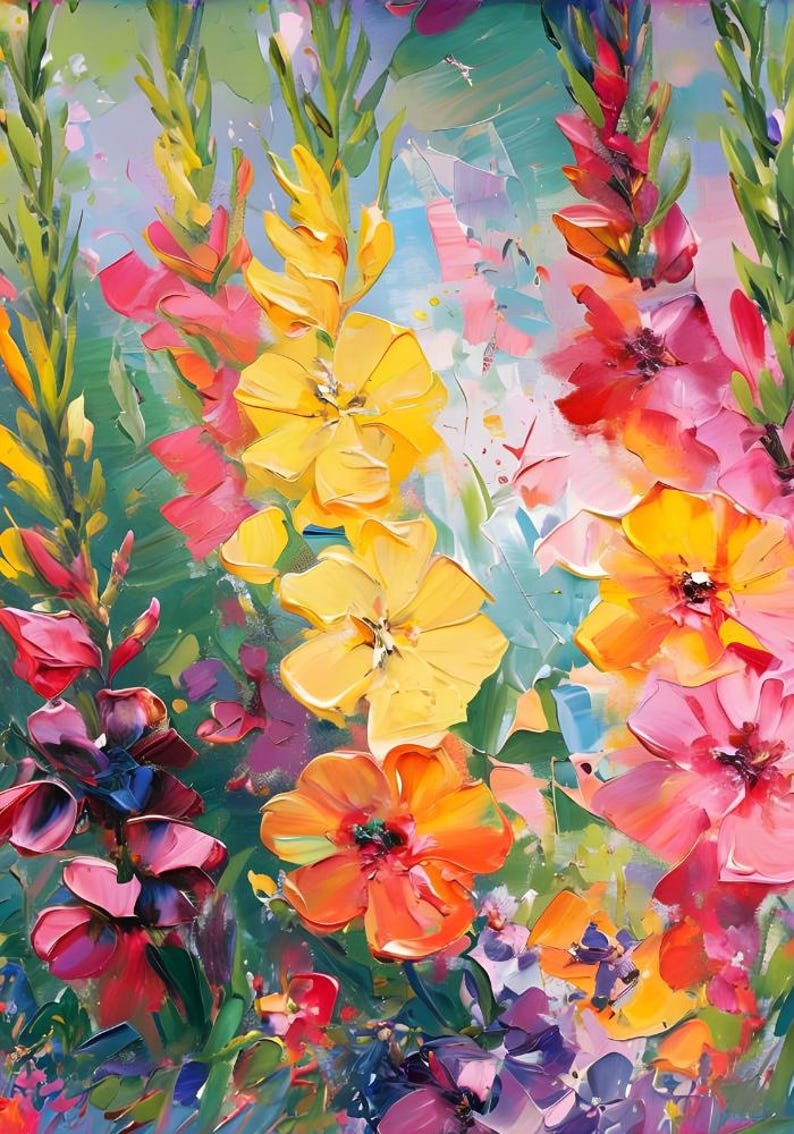Pu&ograve; includere: Un dipinto impressionista di fiori colorati. L'opera presenta fiori vibranti in tonalit&agrave; di giallo, arancione, rosa e rosso, su uno sfondo di fogliame verde e cielo azzurro. Le pennellate sono spesse e strutturate.
