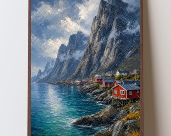 Lofoten Norway Fjord Wall Art, Nordic Coastal Landscape Print, Reine Fishing Village Decor, Scandinavian Mountain Artwork