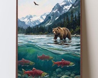 Alaska Wildlife Art Print, Grizzly Bear Salmon & Bald Eagle, Alaskan River Wall Art, Alaska Air Bnb Decor, Ecology Gift