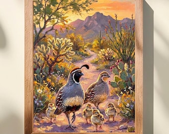 Desert Quail Family Art Print, Southwestern Bird Wall Art, Quail Family with Chicks and Cactus, Arizona Desert Sunset, Wildlife Home Decor