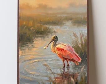 Roseate Spoonbill Marsh Art Print, Gulf Coast Coastal Bird Wall Art, Southern Wetlands Sunrise Painting, Florida Louisiana Decor