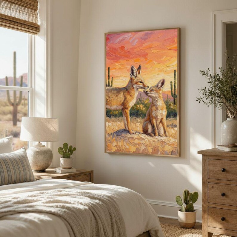 May include: An oil painting on canvas depicting two foxes in a desert landscape at sunset. The scene features a standing fox and a sitting fox against a vibrant orange and pink sky, with tall cacti in the background and textured brushstrokes.