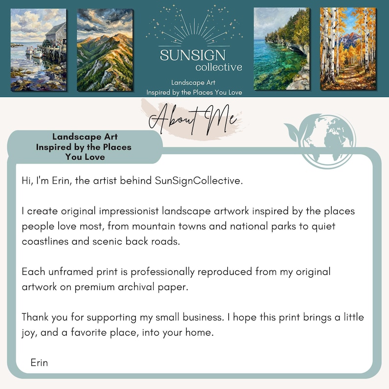 May include: A promotional graphic for SunSign Collective featuring four landscape paintings of a coastal harbour, mountain range, rocky shoreline, and autumn forest. The text includes the brand name, About Me, and a message from the artist Erin.