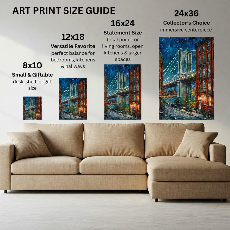 May include: An art print size guide displays three framed prints of a bridge scene, with sizes 8x10, 12x18, and 16x24 inches, and a larger 24x36 inch print. The text above the prints reads "ART PRINT SIZE GUIDE". The prints are displayed above a beige sectional sofa.