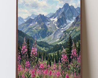 Stampa artistica impressionista delle montagne dell'Alaska e dell'epilobio, stampa del passo Thompson Valdez, paesaggio dei monti Chugach
