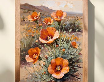 Arizona Desert Wildflower Art Print, Globe Mallow Bloom Decor, Warm Earth Tone Landscape