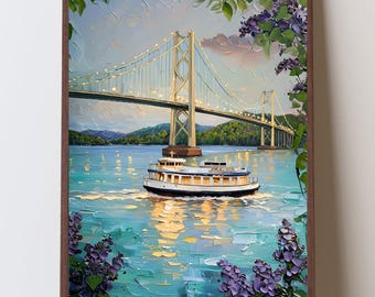 Mackinac Island Art Print, Mackinac Bridge and Lilacs Artwork, Great Lakes Sunset Landscape, Michigan Summer Vacation Decor