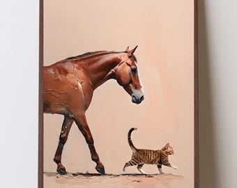 Chestnut Horse and Barn Kitten Print, Minimalist Western Art