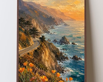 Big Sur California Coast Impressionist Art Print, Highway 1 Wildflowers Wall Art, Pacific Coast Poppies Print, California Coastal Decor