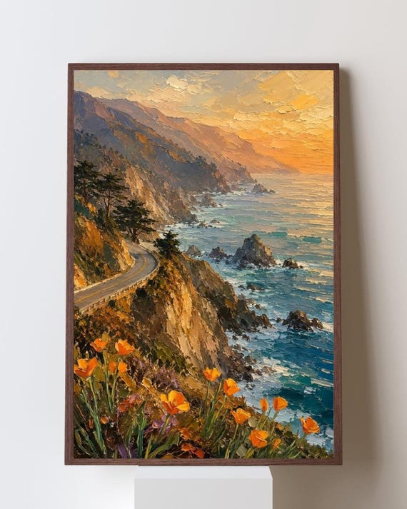 Big Sur California Coast Art Print, Highway 1 Wildflowers Wall Art, Pacific Coast Poppies Print, California Coastal Decor
