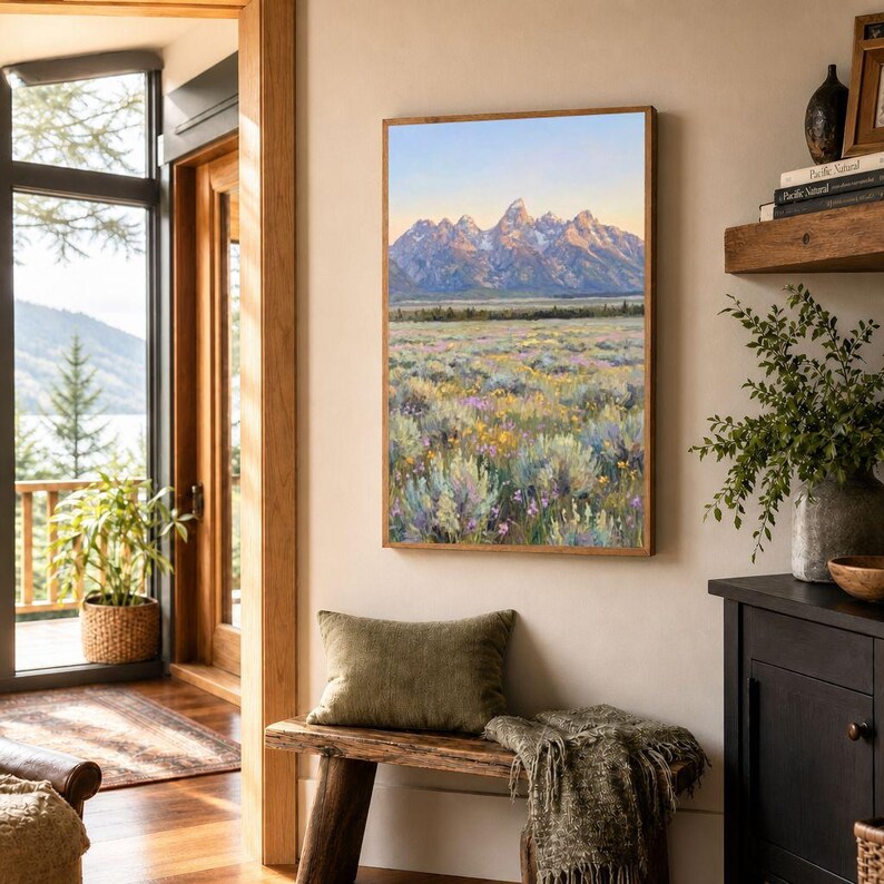 May include: A vertical rectangular wall art print featuring a landscape painting of snow-capped mountain peaks rising above a vast meadow filled with sagebrush, wildflowers, and grasses under a soft, pale blue and golden sunrise sky.