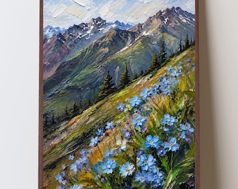 Impressionistischer Kunstdruck „Vergissmeinnicht“ aus Alaska, Sommerlandschaft der Chugach Mountains, Dekoration für Anchorage, Kunstwerk mit der Staatsblume Alaskas