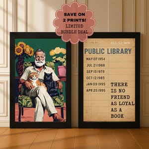 Hemingway Wall Art Bundle, Hemingway Cats Print, Vintage Library Quote Poster, Gift for Readers, Ernest Hemingway Decor Set, Literary Decor