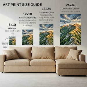 May include: An art print size guide displaying four mountain landscape prints in 8x10, 12x18, 16x24, and 24x36 inch formats above a beige sectional sofa. The text labels include Gift Size, Versatile Favorite, Statement Size, and Collector's Choice.