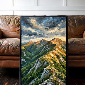 May include: A vertical oil painting in a black frame depicting a mountain range with thick, textured brushstrokes. The scene features green slopes, rocky ridges illuminated by golden light, and a dramatic, swirling sky with dark blue and grey clouds.
