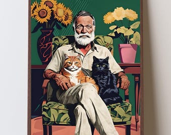 Hemingway Cats Wall Art, Colorful Ernest Hemingway with Polydactyl Cats – Literary Wall Art for Writers, Cat Lovers, and Key West Decor