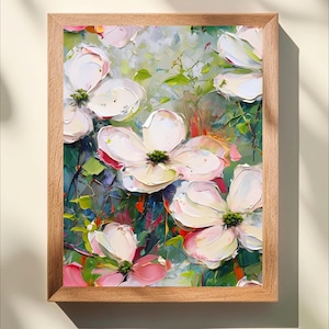 ハナミズキの花のウォールアート、コテージコアの花の絵画、ノースカロライナ州の州花、インパスト植物画、春の室内装飾、寝室アート
