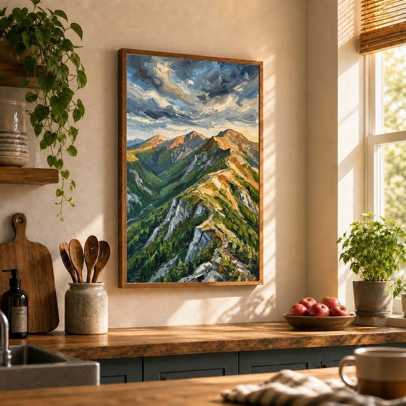 May include: A framed oil painting depicting a mountain range with green slopes, rocky peaks, and a dramatic cloudy sky. The artwork features warm golden light hitting the ridges, contrasting with deep shadows and a vibrant, textured brushstroke style.