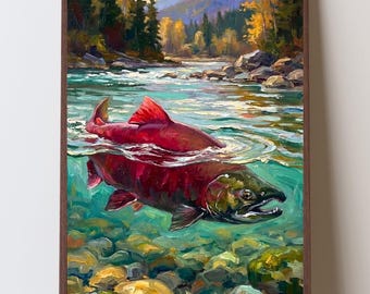Stampa artistica impressionista di salmone rosso, arte naturalistica del Pacifico nord-occidentale, regalo per pescatori, decorazione del Pacifico nord-occidentale