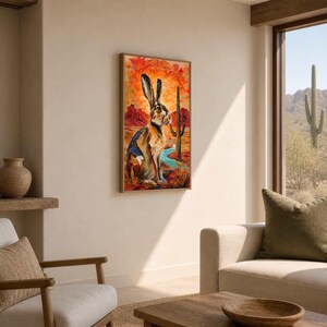 Puede incluir: Una impresi&oacute;n de arte mural rectangular que presenta una pintura al &oacute;leo de una liebre marr&oacute;n sentada en un paisaje des&eacute;rtico. La escena incluye un cactus saguaro alto, formaciones rocosas rojas y un cielo naranja brillante, con pinceladas visibles.