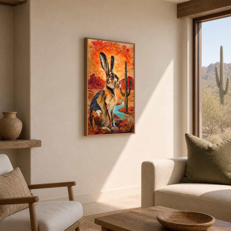 Puede incluir: Una impresi&oacute;n de arte mural rectangular que presenta una pintura al &oacute;leo de una liebre marr&oacute;n sentada en un paisaje des&eacute;rtico. La escena incluye un cactus saguaro alto, formaciones rocosas rojas y un cielo naranja brillante, con pinceladas visibles.