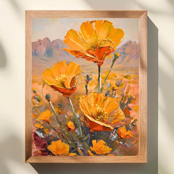 Wandbild mit Mohnblumenmotiv aus der Südwest-Wüste, Kunstdruck mit Wüstenblumen, Kunstdruck mit mexikanischem Mohn, Dekoration in warmen Erdtönen