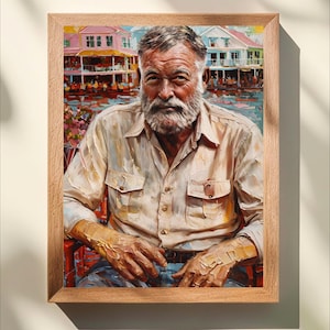 Ernest Hemingway Sitting in Key West Print, Florida Keys Coastal Decor, Famous Author Artwork for Readers and Literary Gifts