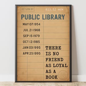 Póster con cita de Ernest Hemingway, Impresión para tarjeta de biblioteca, No hay amigo tan leal como un libro, Decoración literaria vintage, Amante de los libros con nostalgia de los 80