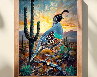 Gambel's Quail Art Print, Desert Quail Art, Southwestern Sunrise Artwork, Bird Watcher Gift, Desert Wildlife