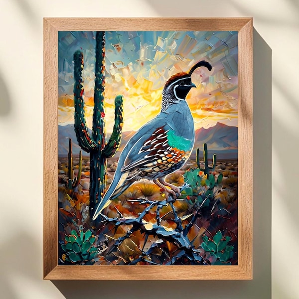 Lámina artística de codorniz de Gambel, coloridas aves del desierto, amanecer del suroeste, regalo para observadores de aves, decoración de dopamina