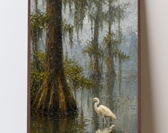 Bayou and Egret Art Print, Cypress Swamp Wall Art, Southern Wetland Landscape, Lowcountry Marsh Decor