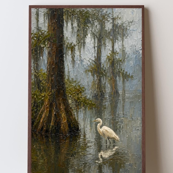 Bayou und Reiher Kunstdruck, Cypress Swamp Wandkunst, Südliche Feuchtgebietslandschaft, Lowlands Sumpfdekor