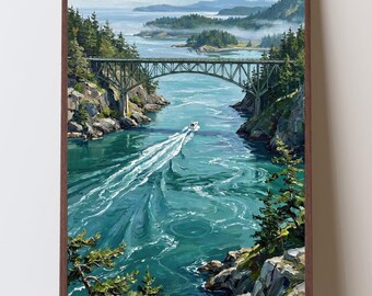 Whidbey Island Deception Pass Bridge – Impressionistischer Kunstdruck, Wandbild aus Washington, Geschenkidee für den Pazifischen Nordwesten