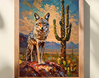 Desert Coyote Wall Art, Desert Wildlife Print with Saguaro Cactus, Rustic Southwest Home Décor for Desert Lovers