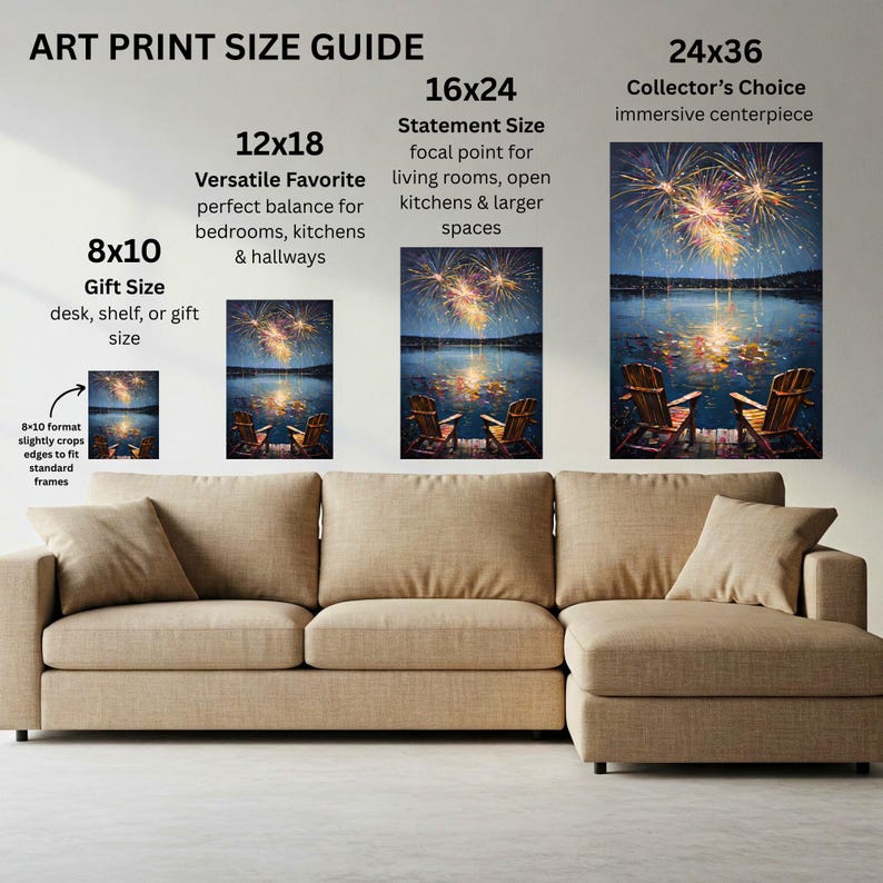 May include: An art print size guide displaying four sizes: 8x10, 12x18, 16x24, and 24x36 inches. Each size features a landscape image of two wooden chairs on a dock overlooking a lake with fireworks in the night sky, positioned above a beige sofa.