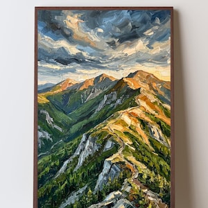 May include: An oil painting on canvas featuring a mountain range with thick, textured brushstrokes. The scene displays green slopes, rocky ridges, and a dramatic sky with dark blue and golden clouds. The artwork is framed in a dark brown wood frame.