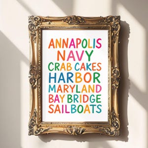 Póster de regalo de Annapolis: arte mural colorido de Maryland con motivos de la Marina, pasteles de cangrejo y veleros. Regalo perfecto para residentes locales, familias de la Marina y turistas.