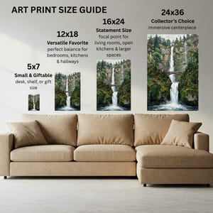 Pu&ograve; includere: Una guida alle dimensioni delle stampe artistiche che mostra quattro paesaggi con cascate in 5x7, 12x18, 16x24 e 24x36 pollici sopra un divano beige. Le stampe raffigurano una cascata a pi&ugrave; livelli, un ponte in pietra e un bosco verde.