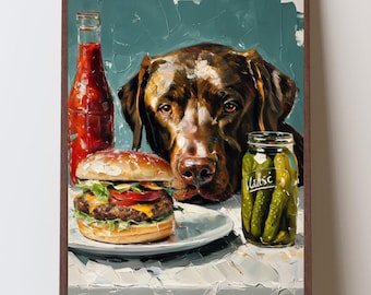 Chocolate Lab Art Print, Funny Lab & Burger Kitchen Art, Retro Americana Food Art, Labrador Retriever Gift, Classic American Kitchen Scene