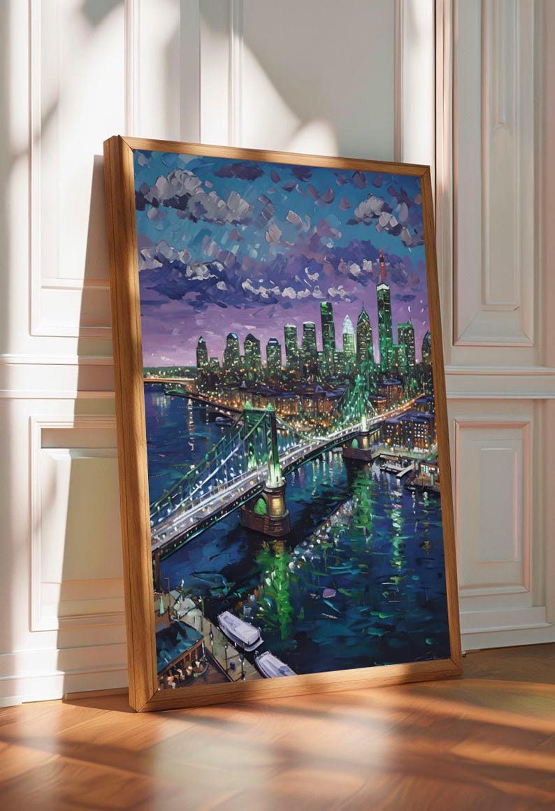 Väggkonst med Philadelphias silhuett och gröna stadsljus, Ben Franklin-bron på natten, Philly Pride-present, reflektioner över Delawarefloden bild 5