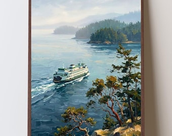 Puget Sound San Juan Islands Ferry Print, Washington State Wall Art, Pacific Northwest Art Print