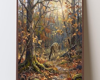 Stampa artistica impressionista di un cervo dalla coda bianca, regalo per lui dedicato alla caccia al cervo, arredamento rustico per baita e rifugio di caccia.