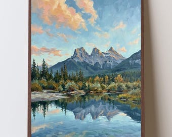 Three Sisters Mountains Canadian Rockies Impressionist Art Print, Canmore Alberta Wall Art, Kananaskis Country, Bow River Valley