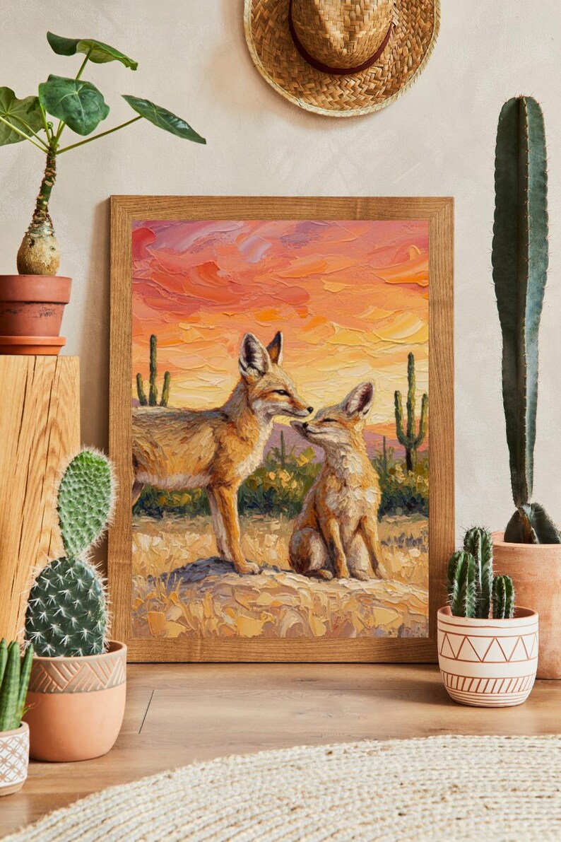 May include: A framed oil painting featuring two foxes in a desert landscape at sunset. The textured brushstrokes depict the foxes standing on sandy ground with cacti in the background under a vibrant orange and pink sky in a wooden frame.