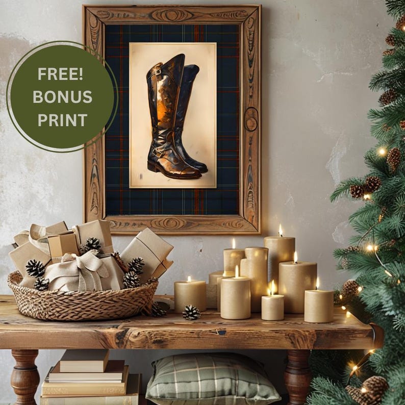 May include: A framed wall art print featuring a pair of brown leather riding boots against a dark blue and red plaid background. The frame is made of wood with a natural grain. A circular green graphic with the text FREE! BONUS PRINT is visible.