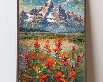 Wyoming Indian Paintbrush Fine Art Print, Grand Tetons Wall Art, Impasto Wildflower Landscape, Western Artwork