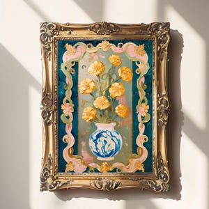 Golden Marigolds Wall Art, Rococo Revival Vase Print, October Birth Flower, Maximalist Fall Decor, Dopamine Art, Boho Floral Poster